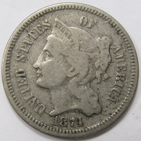 1874 Three Cent Nickel fine VG-F 3c piece Cover