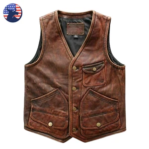 Men's Vintage Brown Biker Leather Vest Distressed Waistcoat Motorcycle Club - Picture 1 of 6