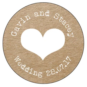 HEART Personalised Wedding Shabby Brown Kraft Effect Favour Stickers -- 020 - Picture 1 of 3