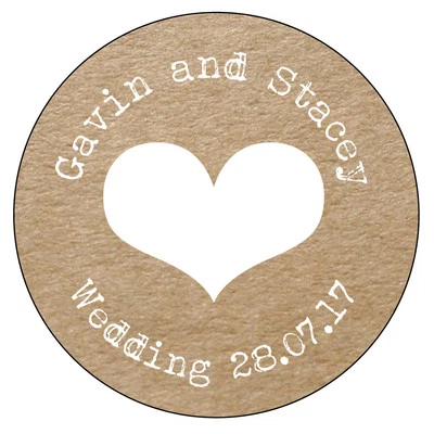 ELSIE BEAU HEART Personalised Wedding Shabby Brown Kraft Effect Favour Stickers -- 020