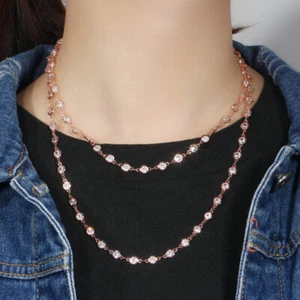 CZ Chain Link Long Choker Necklace Costume Rose Gold Plated Jewelry Accessories - Picture 1 of 14