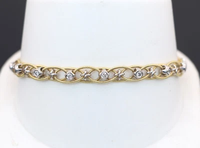 $4650 Conjunto de bisel de oro amarillo blanco de 18 quilates Simon G redondo diamante torcido 7,5"" Brazalete Foto 1 de 4