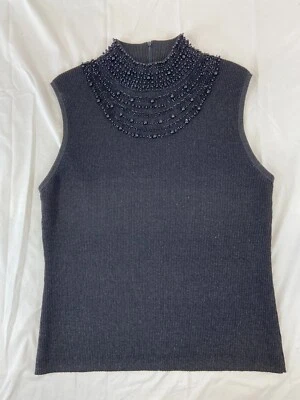 Womens XL Beaded Vest Top Grace Elements Knit Black Sleeveless Zipper Formal - Image 1 of 4