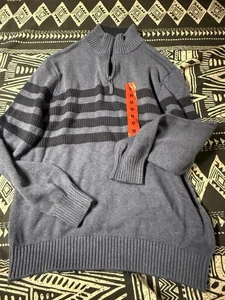 Tahari Herren Pullover grau gestreift 1/4 Reißverschluss Größe M Neu mit Etikett - Bild 1 von 4