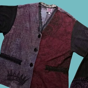JGs MAD LAB Art to Wear Cardigan Women S Gretzinger Style Black Purple Lace USA - Picture 1 of 13