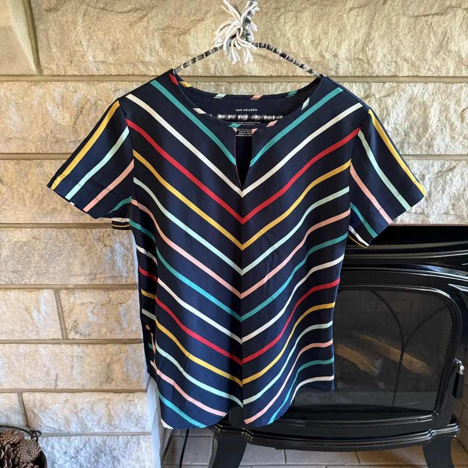 Van Heusen Blue and Multicolor Stripe Fitted Short Sleeve Blouse Medium - Изображение 1 из 4