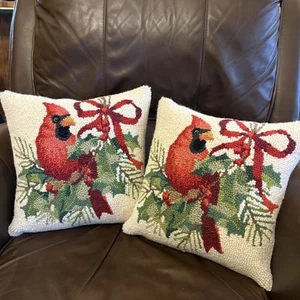 Cardinal Red Bird Wool Hooked Christmas Throw Pillow Decor Square 13"x13"-Set-2 - Picture 1 of 4