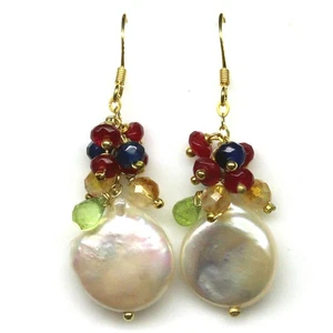 925 Silver White Baroque Pearl, Peridot, Ruby, Sapphire & Quartz Earrings - Picture 1 of 4