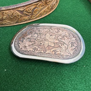 Cinturón Western vintage de cuero mecanizado con cubo de níquel y cobre talla 36 - Imagen 1 de 7