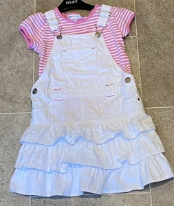 M&S Mini Limited Girls White Pinafore /Dungaree White Dress Set Age 3-4yrs - Picture 1 of 9