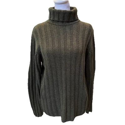 Suéter LL BEAN Verde Mujer L Seda Algodón Lana de Cordero Cuello Alto Moteado Acanalado Foto 1 de 4