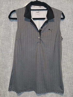 彪马女式无袖高尔夫 Polo 衫中号黑色和白色图案 — 第 1/4 张图片