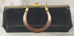 VTG Black Patent Leather Handbag Top Clasp Round Lucite Plastic Handle/Brass - Picture 1 of 12