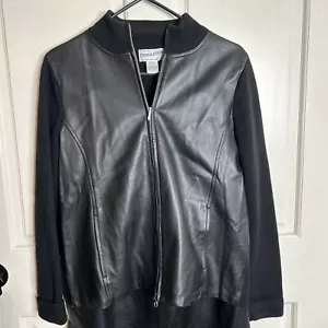 PENDLETON Womens Leather Front Merino Wool Sweater Black Jacket / Skirt Set 14 - Picture 1 of 9