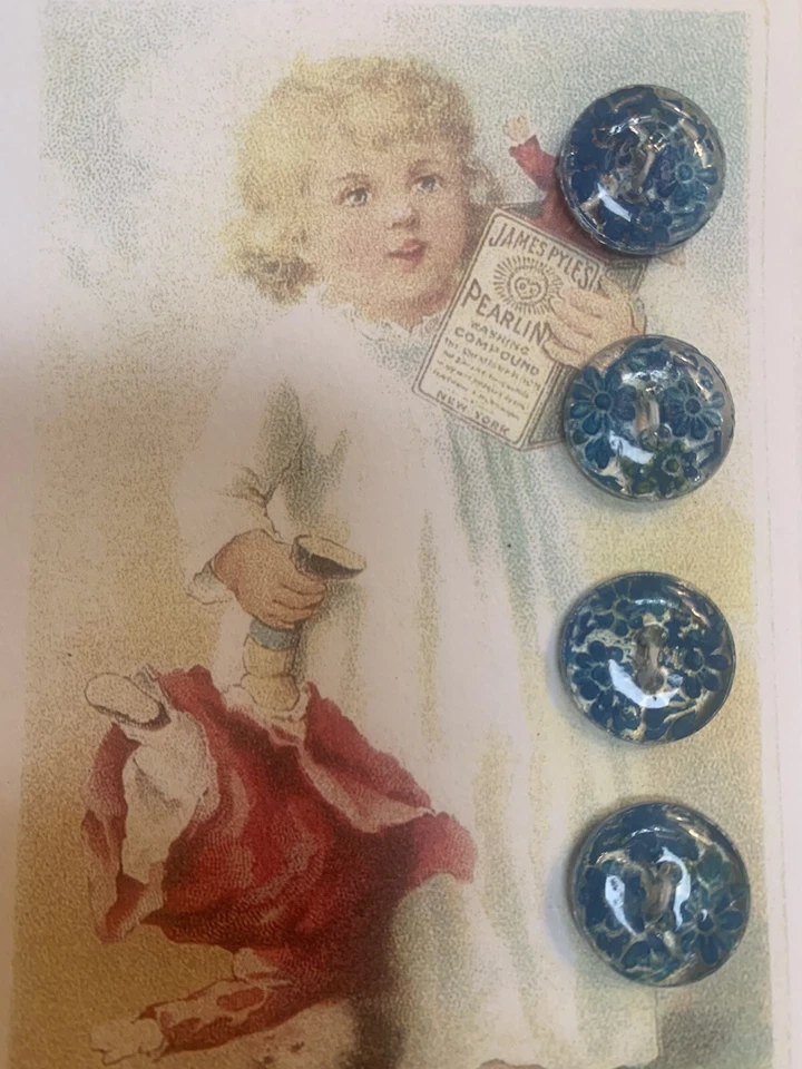 Set of 4 ~  1/2" Vintage Blue  Under painted Crystal Flower Glass Buttons~ NOS - Image 1 of 1