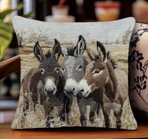 🇬🇧Velvety Feeling Cushion Cover 2D Faux Embroidered Adorable Donkeys - Picture 1 of 5