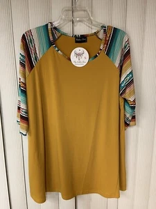 NWT Southern Charm Women’s Top, Size L, Navaho Print 3/4 Sleeves, Mustard Color - Picture 1 of 7