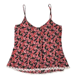 Y2K Floral Cami Top Sz.L Roses Red Black Red Spaghetti Straps Babydoll Boho - Picture 1 of 9