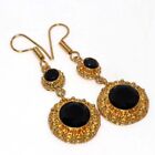 Black Onyx Golden Plated Gemstone Earrings 2.5" Exquisite Gift JW
