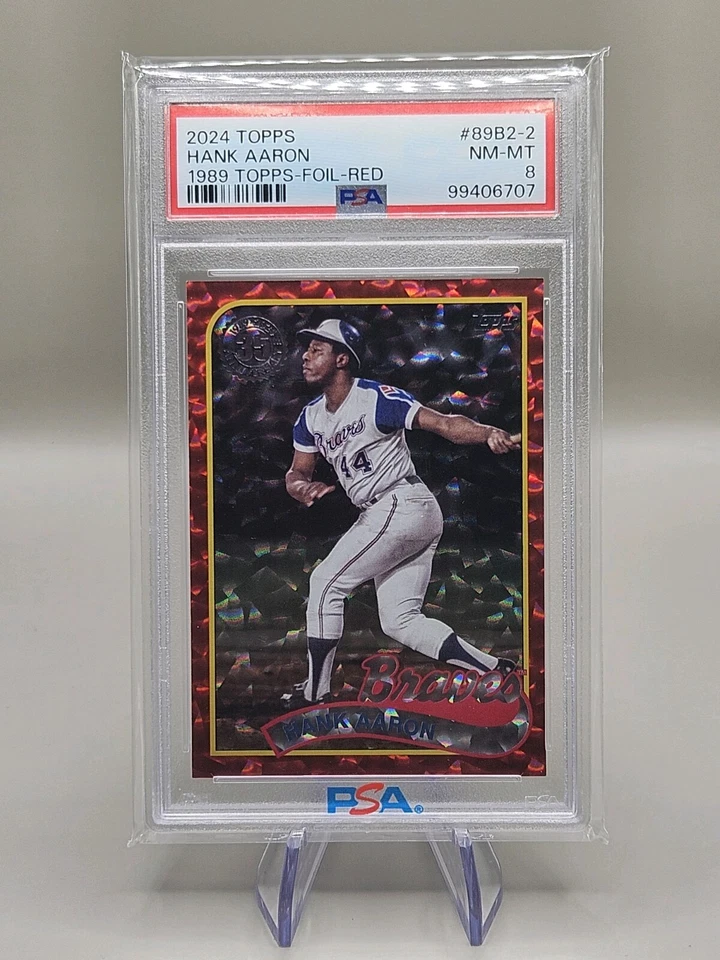 2024 Topps Series 2 Hank Aaron 1989 Red Foil Parallel 5/5 #89B2-2 Braves PSA 8 - Image 1 of 2