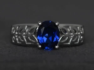 Sapphire Dainty Ring 925 Sterling Silver Oval Lab Created Gemstone Women Ring - Picture 1 of 4