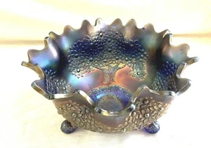 Antique Footed Fenton OrangeTree Cobalt Blue Carnival Glass/Ruffle Edge Bowl 10" - Picture 1 of 12