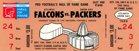 1969 Hall Of Fame Game Ticket Atlanta Falcons vs Green Bay Packers 37516 Cover