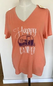 NWT Womens Medium Life is Good Happy Camper Orange V Neck T-Shirt - Picture 1 of 3