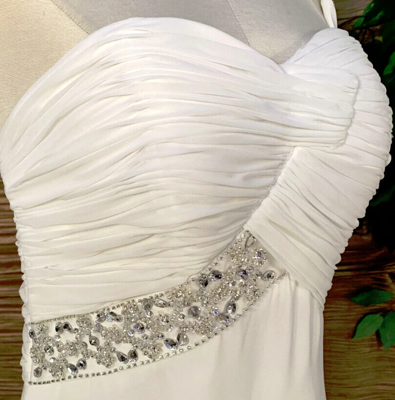 Snowy White Single Strap Chiffon Wedding Dress Bridal Gown Jeweled Trim Size 12 - Image 1 of 4