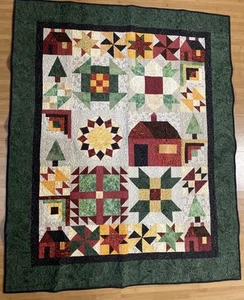 Fall Harvest Sampler Soft Lap Quilt 55” X 44”House Star Trees Log cabin Red - Picture 1 of 13