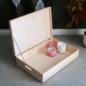 Caja de almacenamiento de madera poco profunda extra grande con tapa 60 x 40 x 14 cm madera sin terminar - Imagen 1 de 12