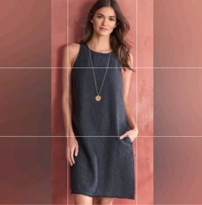 Garnet Hill Damen 100 % Leinen Etuikleid Größe 14 blau ausgefranster Saum Taschen Sommer - Bild 1 von 10