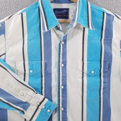 VTG Wrangler Pearl Snap Brushpopper Shirt Large 16.5 Turqoise Cowboy Rodeo 90s - Image 1 of 4