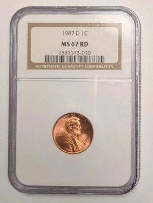 1987 D Lincoln Memorial Cent 1c ~ NGC MS67 RD ~ High Grade Lincoln Penny - Image 1 of 4