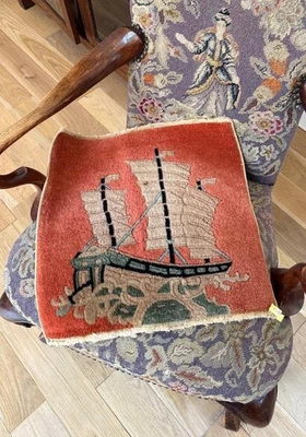 Old Small Peking Rug Handmade Woven Wool Art Display Tapestry Chinese Junk Ship - Image 1 of 4