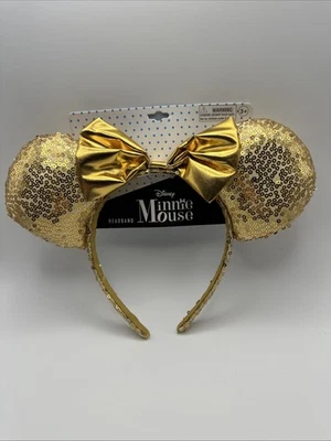 Diadema Orejas de Minnie Mouse Doradas Parques Disney Lentejuelas Lazo Dorado Nuevo Mickey Foto 1 de 2