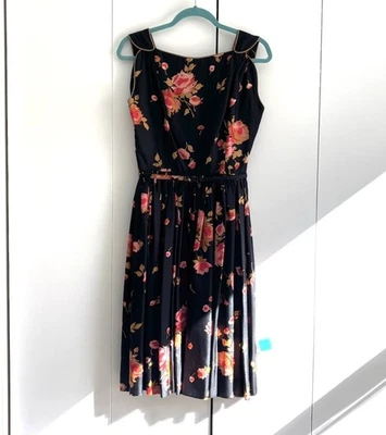 Vestido Floral Vintage Años 50 Saks Fifth Avenue 100% Seda Negro y Rosa Talla Pequeña Foto 1 de 4