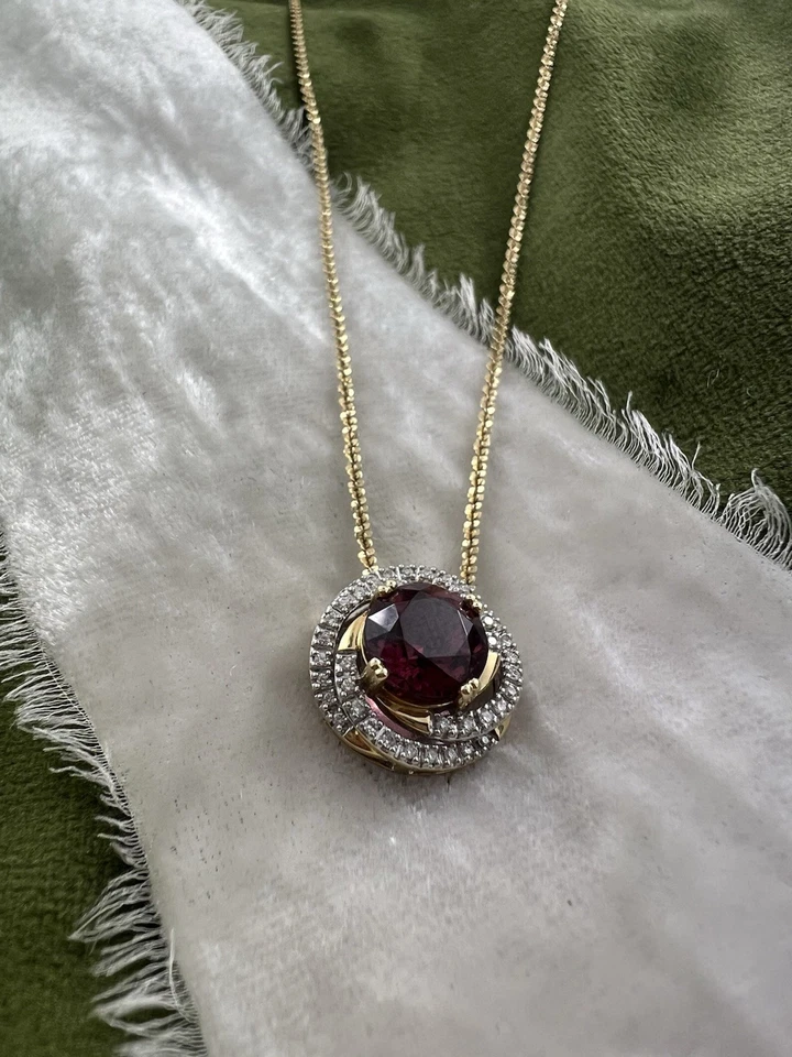 14K Yellow Gold Pink Tourmaline Necklace w/ 40 round accent diamonds! 18 inches! - Image 1 of 4