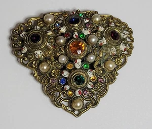 Dress Clip multicolor rhinestone faux pearl enamel filigree metal vintage - Picture 1 of 7