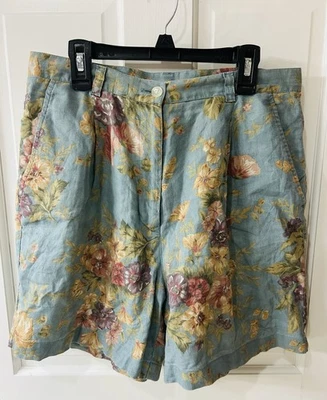 Pantalones Cortos Para Mujer Lauren Ralph Lauren Azul Floral Lino Plisados Talla 8 Cottagecore Foto 1 de 4