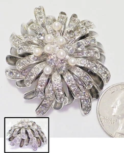 Stunning Vintage Domed Tiered Sim Pearl, Rhinestone, Enamel Flower ST Pin 2" - Picture 1 of 3