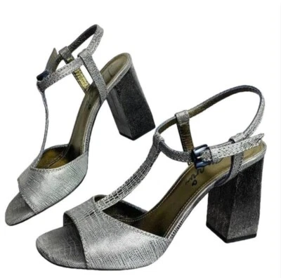 Sandalias Lanvin Metálicas Cuero Repujado Correa en T Punta Abierta Tacón Bloque 41 Foto 1 de 4