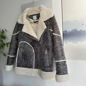 Urbancode London Women Faux Fur Shearling Aviator Jacket Coat/Size S 10/ Grey - Picture 1 of 24