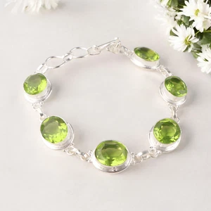 Natural Peridot Gemstone 925 Sterling Silver Handmade Bracelet Jewelry For Gift - Picture 1 of 8