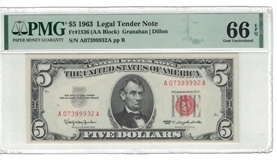 US Banknotes $5 Dollars Bill 1963 Fr# 1536 PMG: 66 EPQ GEM UNC. #PL1501 - Image 1 of 2
