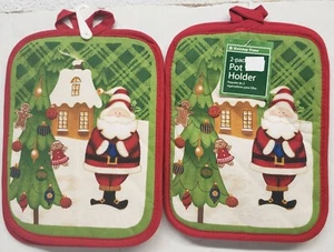 Set of 2 Jumbo Pot Holders,8"x10",WINTER,CHRISTMAS TREE,SANTA & HOUSE IN SNOW,HT - Picture 1 of 15