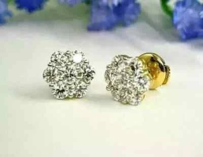 Cluster Stud Earrings 1Ct Round Cut Lab Created Diamond 14k Yellow Gold Plated - Image 1 of 4