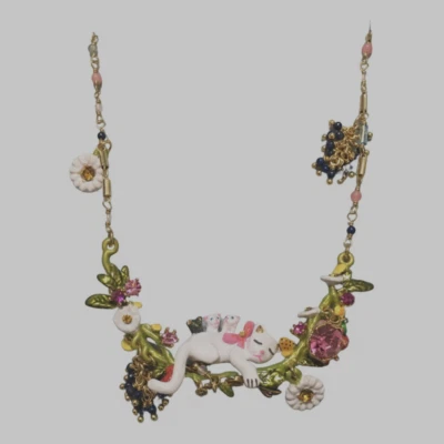 Les Nereides Necklace Kittens and Flowers Gold-plated and Enamel 20-22" - Image 1 of 4
