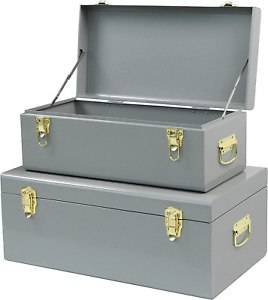 Metal Trunk Decorative Storage Box Set of 2 College Dorm Chest with Handle (Gray