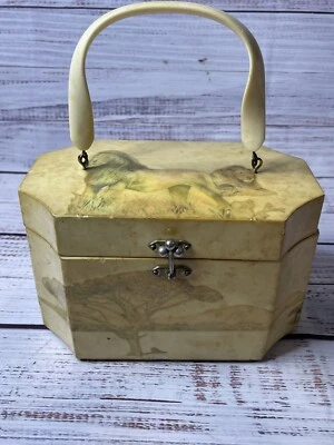 Billie Ross of the Palm Beaches Vintage Wooden Purse Lions On The Plains Africa - Image 1 of 4